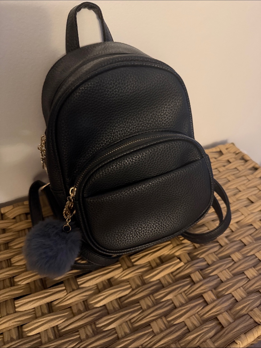 Black Mini Faux Leather Backpack with Pom Charm